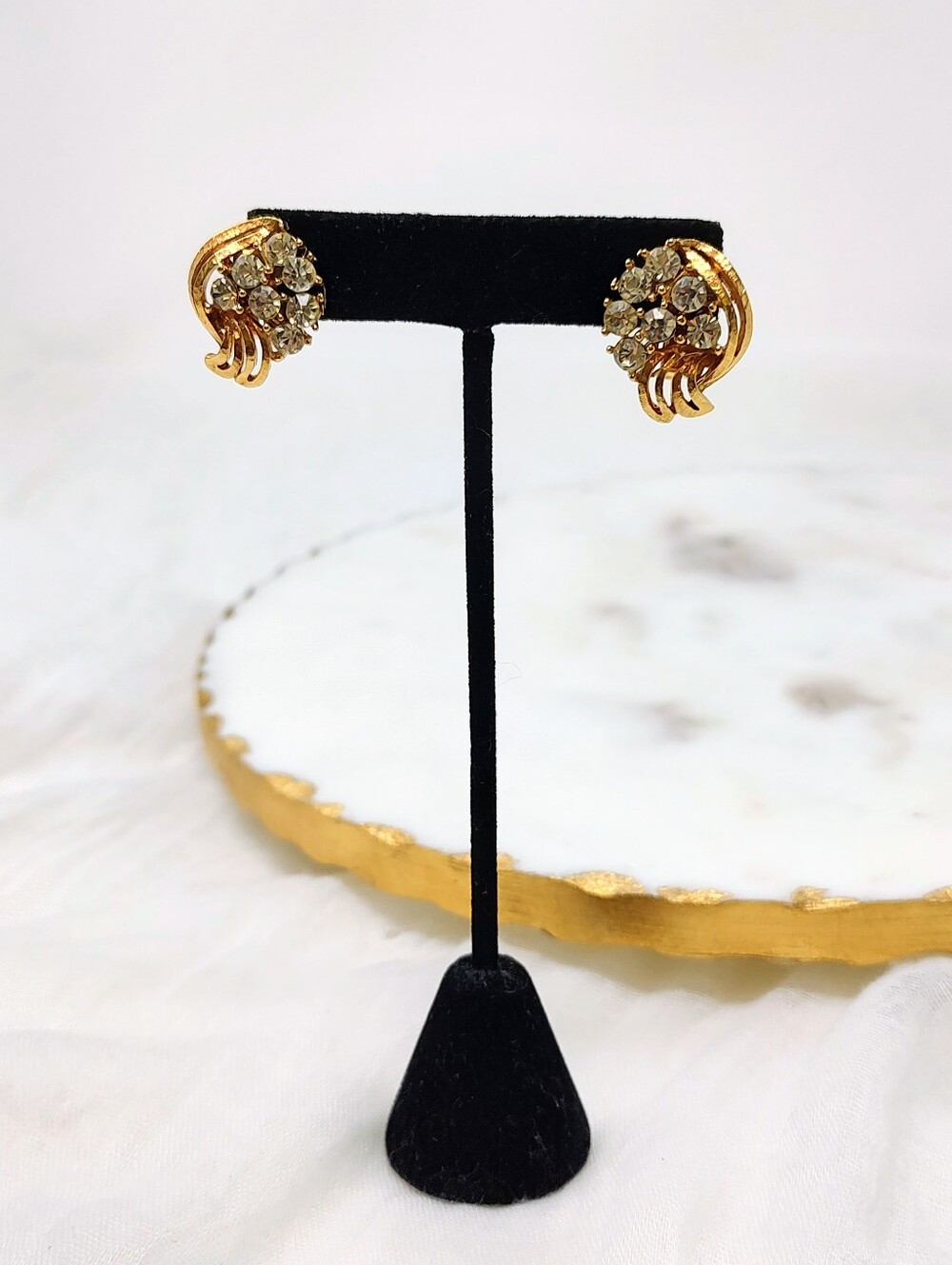 Vintage Gold Tone Crystal Cluster Clip-On Earrings - Women Jewelry